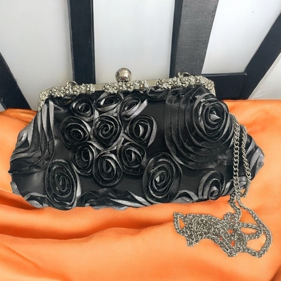 Icing Handbags - ICING Black Rose Floral Evening Bag Silver chain, Rhinestone Purse Clutch